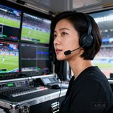 一位短发干练的女性导演头像，她佩戴着无线通话耳机，背景是大型赛事转播车内部多屏幕监看墙，气氛紧张而专业。